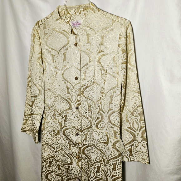 Vintage MCM Evelyn Pearson Lounging Robe Cover-up Cream w/Gold Metallic - Picture 3 of 11